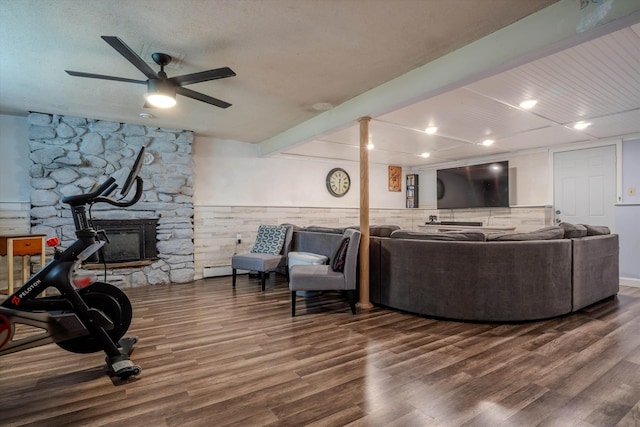 1 Alpine Rd, Windham, NH 03087 - living room with wood finished floors, a ceiling fan, and wainscoting