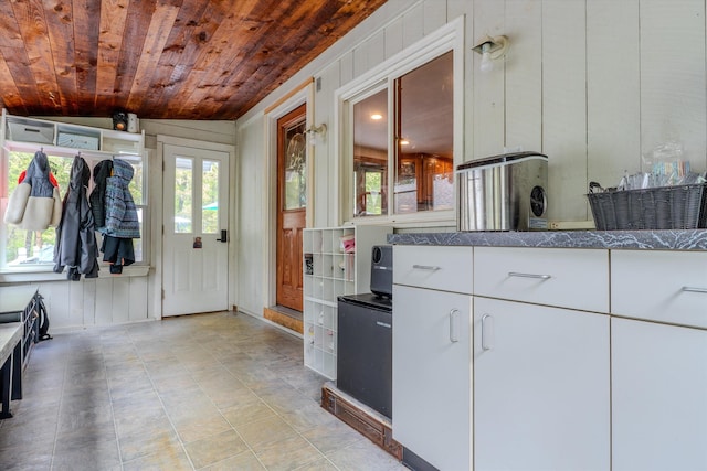 1 Alpine Rd, Windham, NH 03087 - interior space with wood ceiling, white cabinets, dark countertops, and lofted ceiling