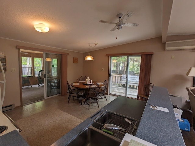 tiled dining room featuring a wall unit AC, a ceiling fan, a baseboard heating unit, and lofted ceiling
