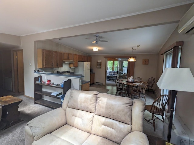 living room with vaulted ceiling, a wall mounted AC, carpet flooring, a ceiling fan, and baseboard heating