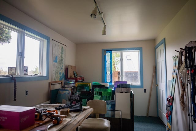 carpeted home office with track lighting