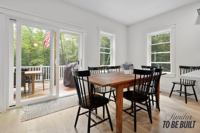 dining room featuring plenty of natural light, light wood-style flooring, and baseboards