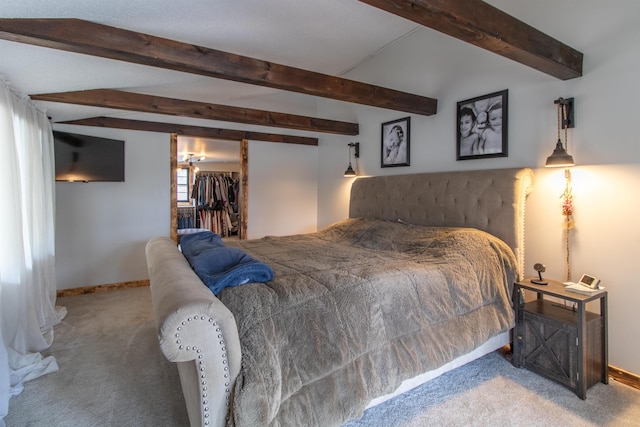 7206 S Wheelock Rd, Wheelock, VT 05851 - carpeted bedroom with beamed ceiling, a closet, baseboards, and a spacious closet