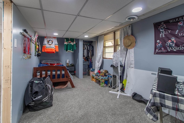 7206 S Wheelock Rd, Wheelock, VT 05851 - bedroom with a drop ceiling, carpet, a closet, and recessed lighting