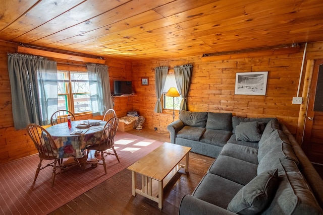 living room with wood walls, wooden ceiling, plenty of natural light, and hardwood / wood-style flooring