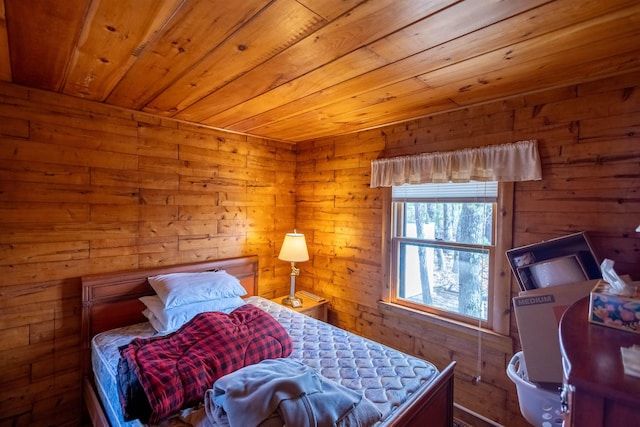 bedroom featuring wood walls and wooden ceiling
