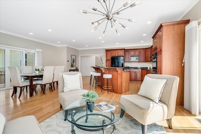 371 Tibbetts Hill Rd, Goffstown, NH 03045 - living area with light wood finished floors, a chandelier, crown molding, and recessed lighting
