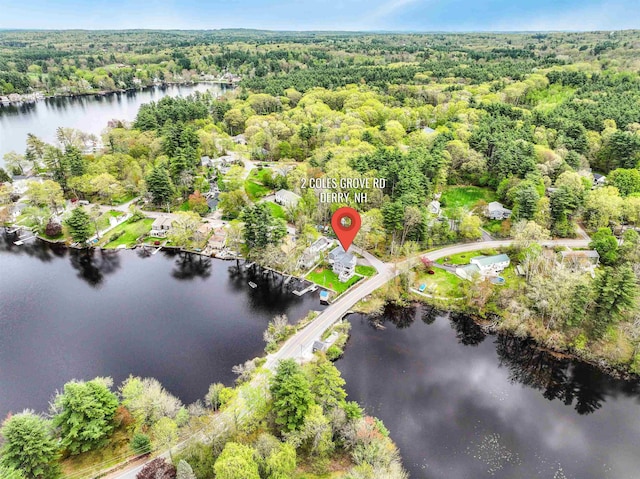 aerial overview of property's location featuring a heavily wooded area and a large body of water