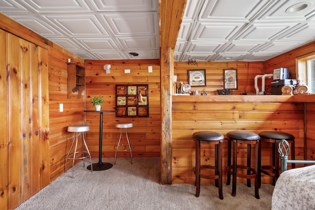 bar with an ornate ceiling, wooden walls, and carpet flooring
