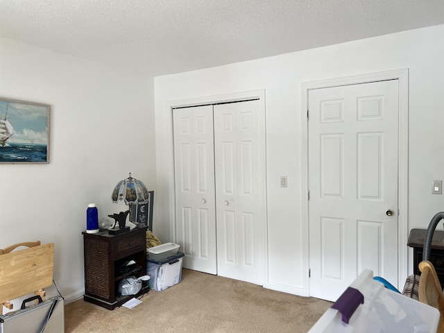 bedroom featuring light carpet and a closet