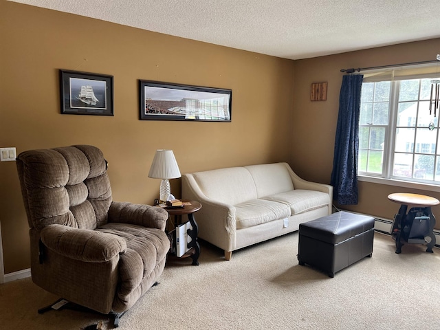 carpeted living room with a textured ceiling