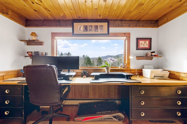 home office featuring wooden ceiling, wainscoting, wood finished floors, and wooden walls