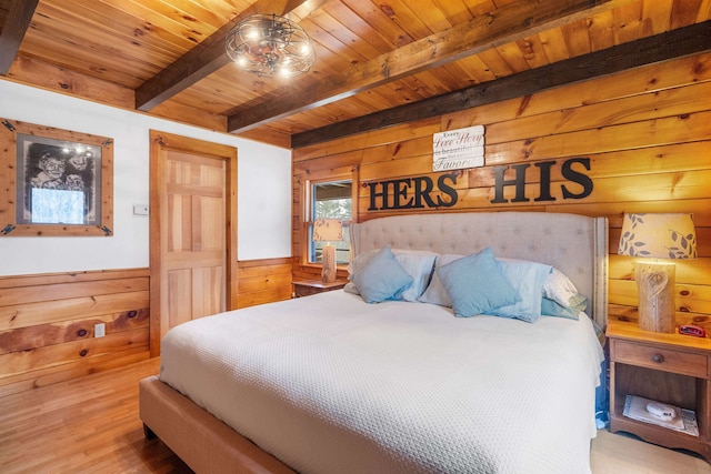 bedroom with wood walls, beam ceiling, wood ceiling, wood finished floors, and a wainscoted wall