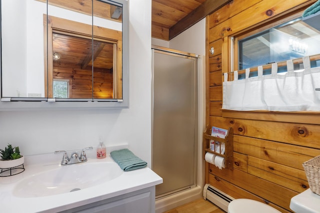 full bathroom with wooden ceiling, a shower stall, a baseboard radiator, toilet, and vanity