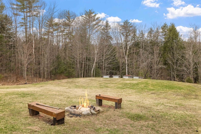 view of green lawn featuring an outdoor fire pit