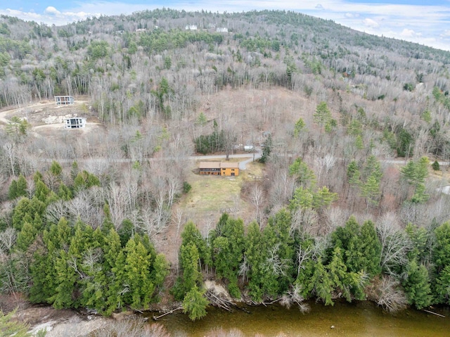 aerial view of property and surrounding area featuring a forest and a water and mountain view
