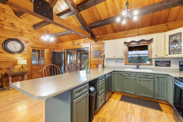 kitchen with a sink, a peninsula, light wood-type flooring, wooden walls, and stainless steel dishwasher