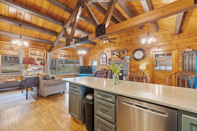 kitchen with stainless steel dishwasher, wooden walls, open floor plan, wood ceiling, and light wood finished floors
