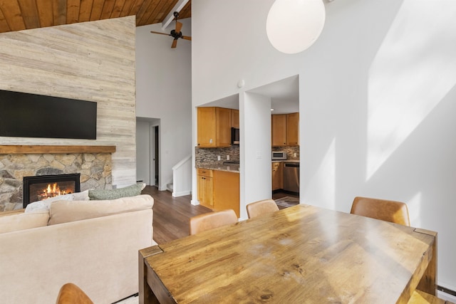 28 Fox Run Rd Unit 1And 2, Lincoln, NH 03251 - dining area with wooden ceiling, dark wood-type flooring, high vaulted ceiling, a stone fireplace, and baseboards