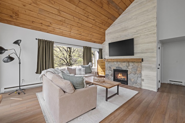 28 Fox Run Rd Unit 1And 2, Lincoln, NH 03251 - living area featuring baseboard heating, wood ceiling, high vaulted ceiling, wood-type flooring, and a stone fireplace