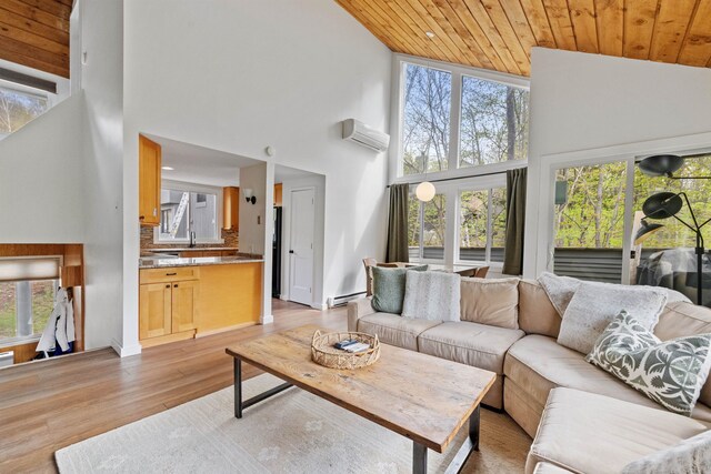 28 Fox Run Rd Unit 1And 2, Lincoln, NH 03251 - living area featuring high vaulted ceiling, baseboard heating, healthy amount of natural light, wood ceiling, and an AC wall unit