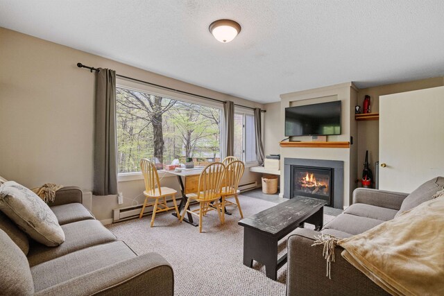 28 Fox Run Rd Unit 1And 2, Lincoln, NH 03251 - living area with carpet flooring, a glass covered fireplace, baseboard heating, and a textured ceiling