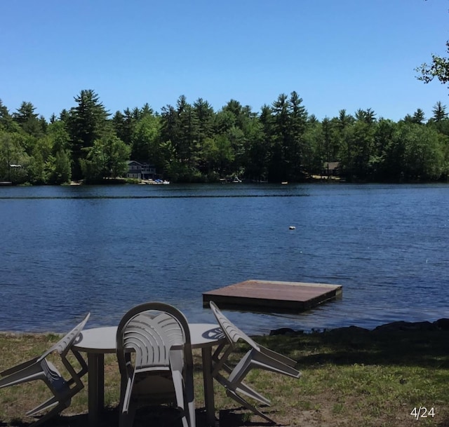 dock area with a water view and a forest view