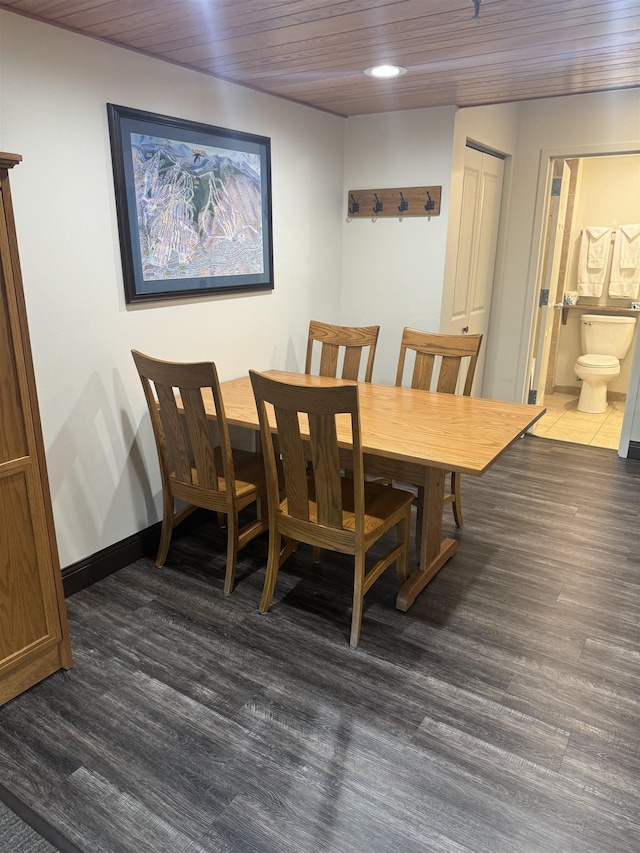 dining area featuring wood finished floors, recessed lighting, wood ceiling, and baseboards