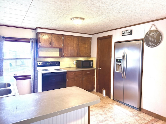 kitchen with stainless steel refrigerator with ice dispenser, black microwave, electric stove, crown molding, and light countertops