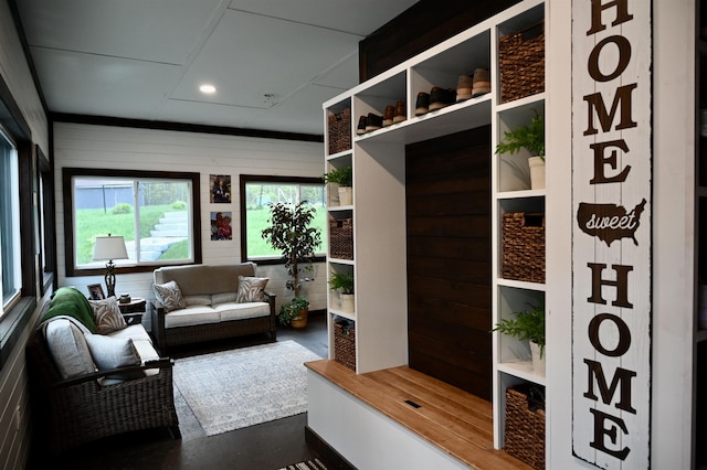 mudroom featuring concrete floors and recessed lighting