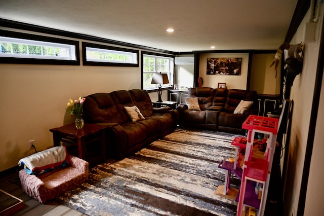 living area featuring wood finished floors and recessed lighting