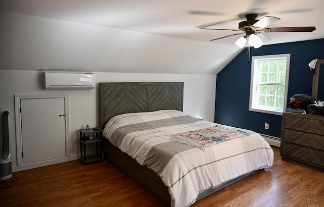 bedroom featuring a wall mounted AC, a baseboard radiator, wood finished floors, vaulted ceiling, and ceiling fan
