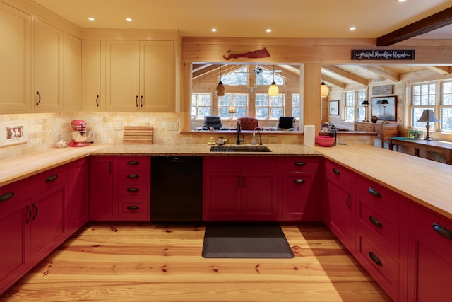 406 Partridge Lake Rd, Littleton, NH 03561 - kitchen with dishwasher, a sink, light wood-style floors, decorative backsplash, and recessed lighting