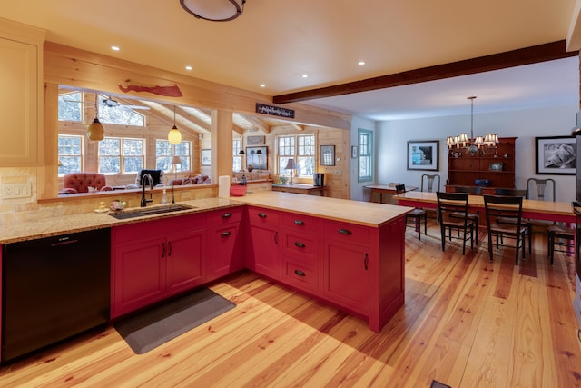 406 Partridge Lake Rd, Littleton, NH 03561 - kitchen featuring a sink, dishwasher, light wood-style floors, beam ceiling, and recessed lighting