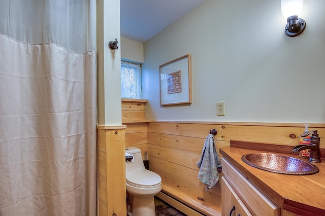 406 Partridge Lake Rd, Littleton, NH 03561 - bathroom with toilet, a baseboard radiator, a shower with curtain, and vanity