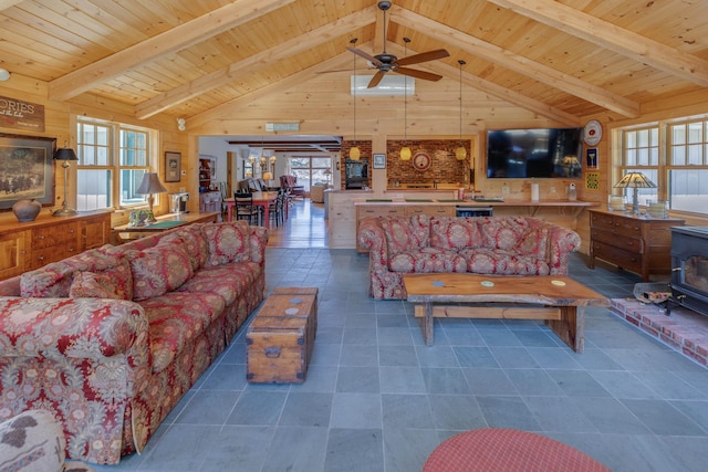 406 Partridge Lake Rd, Littleton, NH 03561 - living room with a ceiling fan, wood walls, and wood ceiling