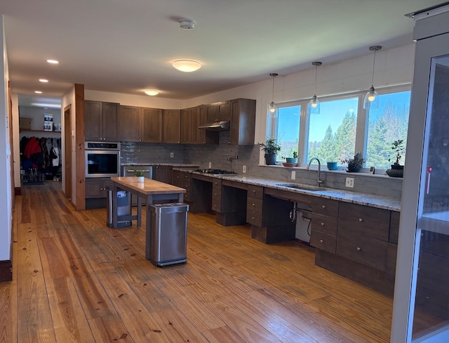 1202 Cotton Rd, Lyndon, VT 05851 - kitchen with appliances with stainless steel finishes, a sink, dark brown cabinetry, wood-type flooring, and backsplash
