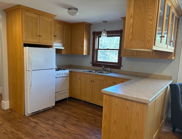 1202 Cotton Rd, Lyndon, VT 05851 - kitchen featuring white appliances, a sink, under cabinet range hood, a peninsula, and dark wood finished floors