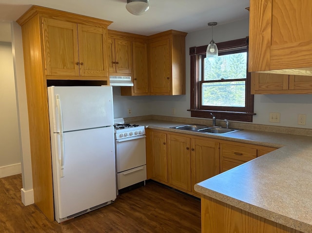 1202 Cotton Rd, Lyndon, VT 05851 - kitchen featuring white appliances, under cabinet range hood, a sink, and dark wood finished floors