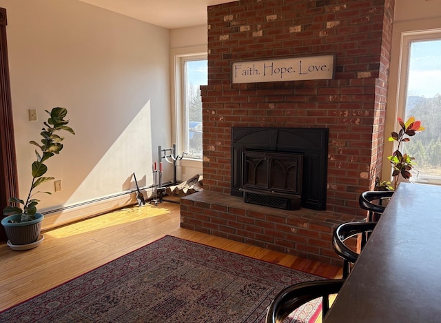 1202 Cotton Rd, Lyndon, VT 05851 - living room with wood finished floors, a fireplace, and a baseboard radiator