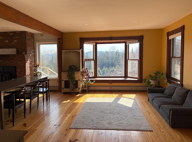 1202 Cotton Rd, Lyndon, VT 05851 - living room featuring a baseboard heating unit, light wood-style floors, and a brick fireplace