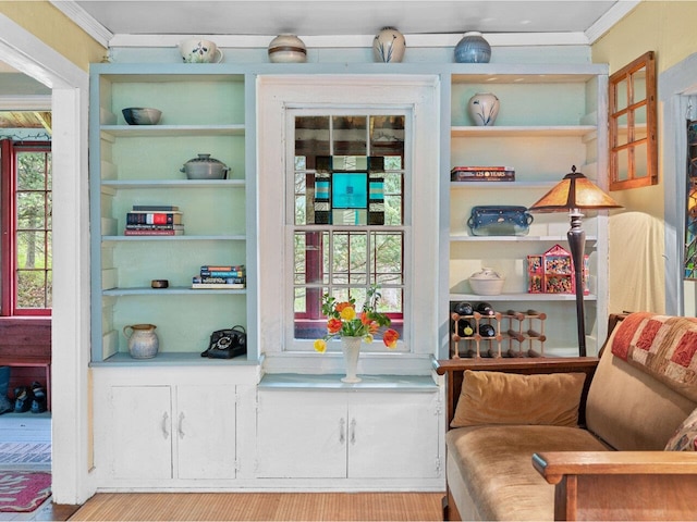 sitting room featuring ornamental molding and built in features