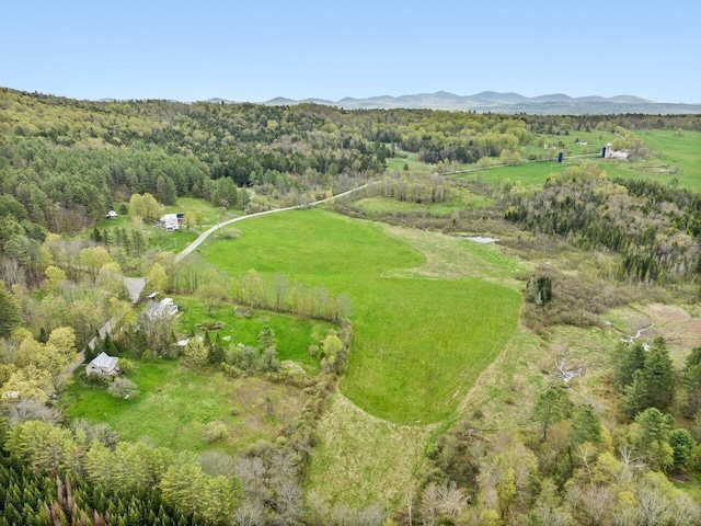 aerial overview of property's location featuring a mountain backdrop, a forest, and rural landscape