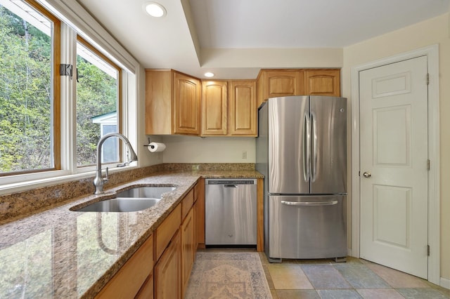 17 Ches Mae Ln, Milford, NH 03055 - kitchen featuring stainless steel appliances, a sink, light stone countertops, and recessed lighting
