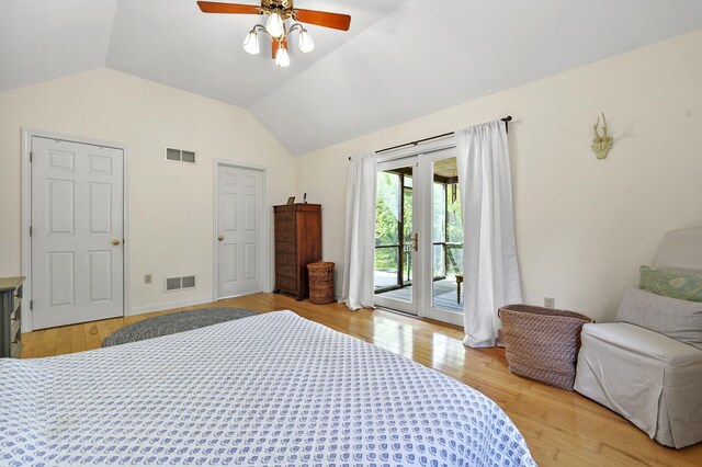 17 Ches Mae Ln, Milford, NH 03055 - bedroom with access to outside, vaulted ceiling, light wood finished floors, and ceiling fan
