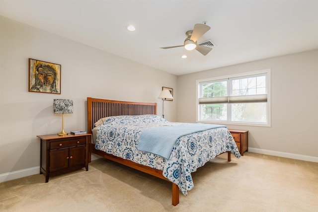bedroom with light carpet, baseboards, recessed lighting, and a ceiling fan