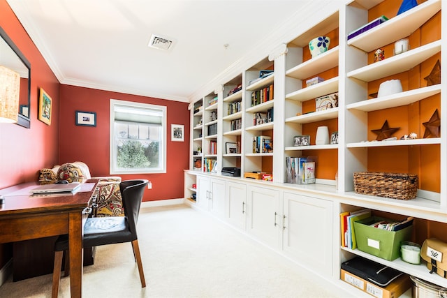 office featuring crown molding, carpet floors, and baseboards