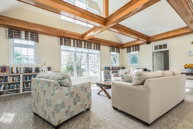 carpeted living room featuring beam ceiling, healthy amount of natural light, and coffered ceiling