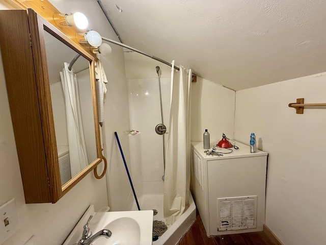 23 Mason Hill Rd, Tamworth, NH 03886 - full bathroom featuring a shower with curtain, wood finished floors, and a sink