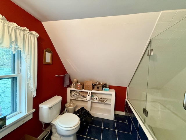 23 Mason Hill Rd, Tamworth, NH 03886 - full bathroom with vaulted ceiling, toilet, tile patterned flooring, baseboards, and combined bath / shower with glass door